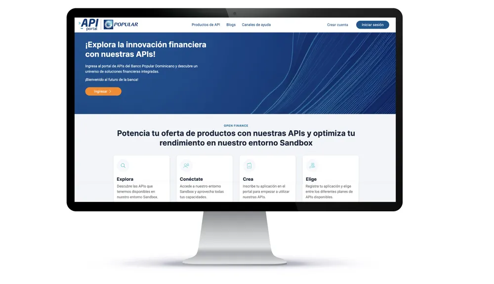 BPD001 Fotomontaje del API Portal del Banco Popular Dominicano, disponible en www.apiportal.popularenlinea.com